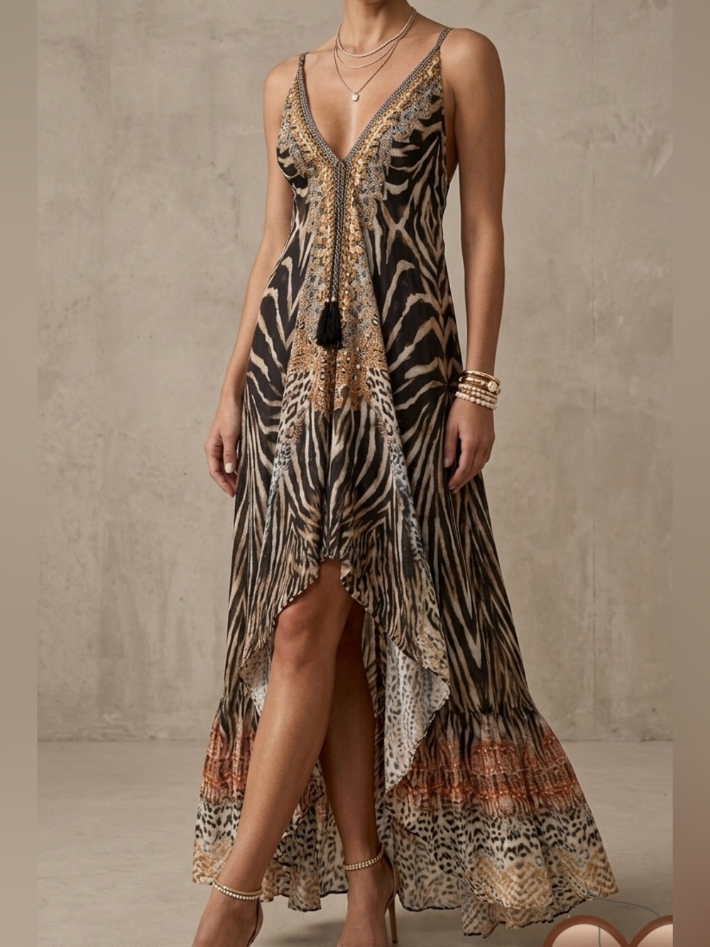 True Colours La Moda Silk Viscose Animal Print Embellished High Low‎ Maxi Dress